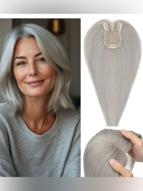 Real Human Hair Topper 14 Inch GRAY Clip In Hair Piece Hand Tied Breathable NEW